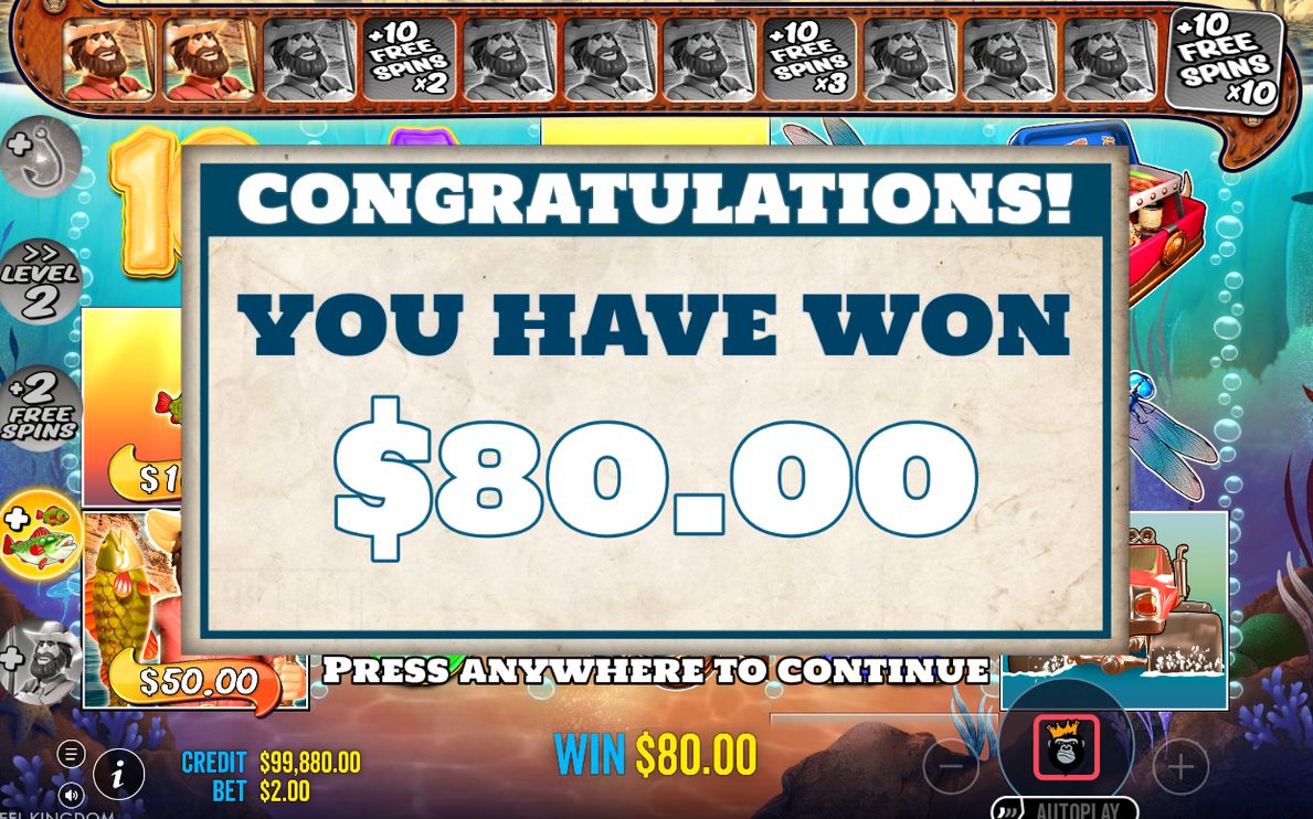 Win screen showing money collected from fish symbols